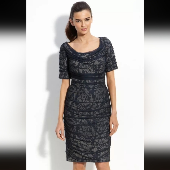 Tadashi Shoji Mesh Silk Overlay Embroidered Sheath Dress - Picture 1 of 4